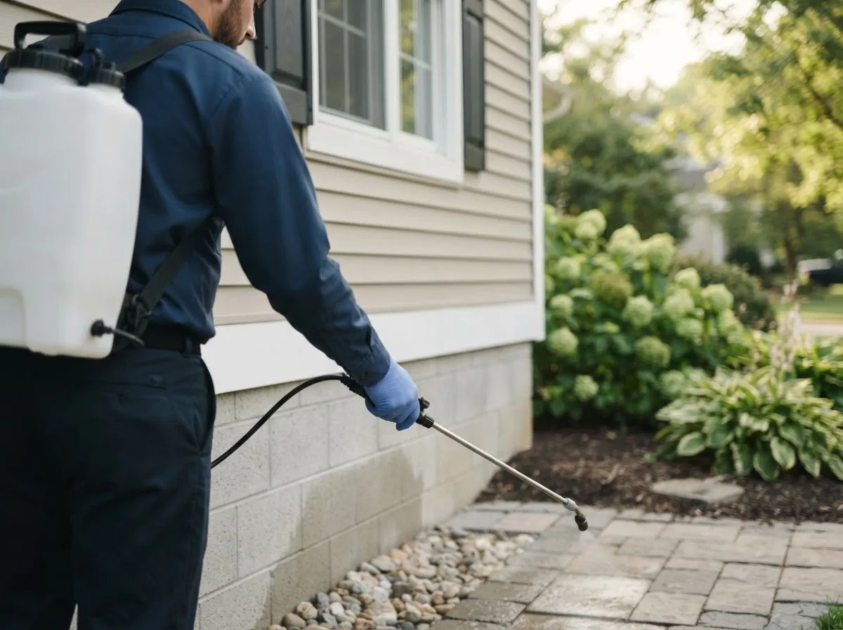 Pest control technician inspecting a home in Croton, OH